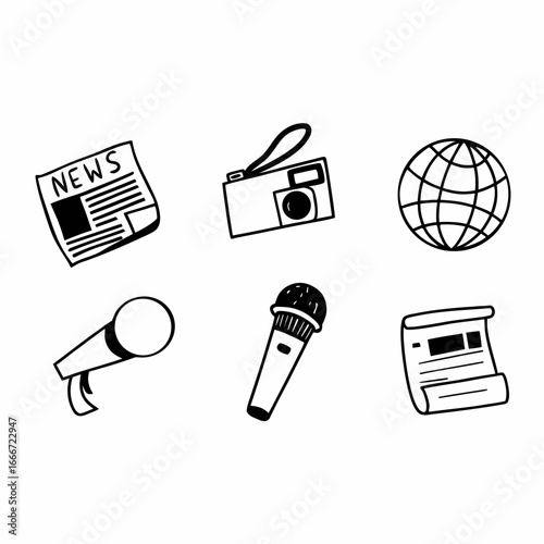 Hand drawn news and media icons in black and white