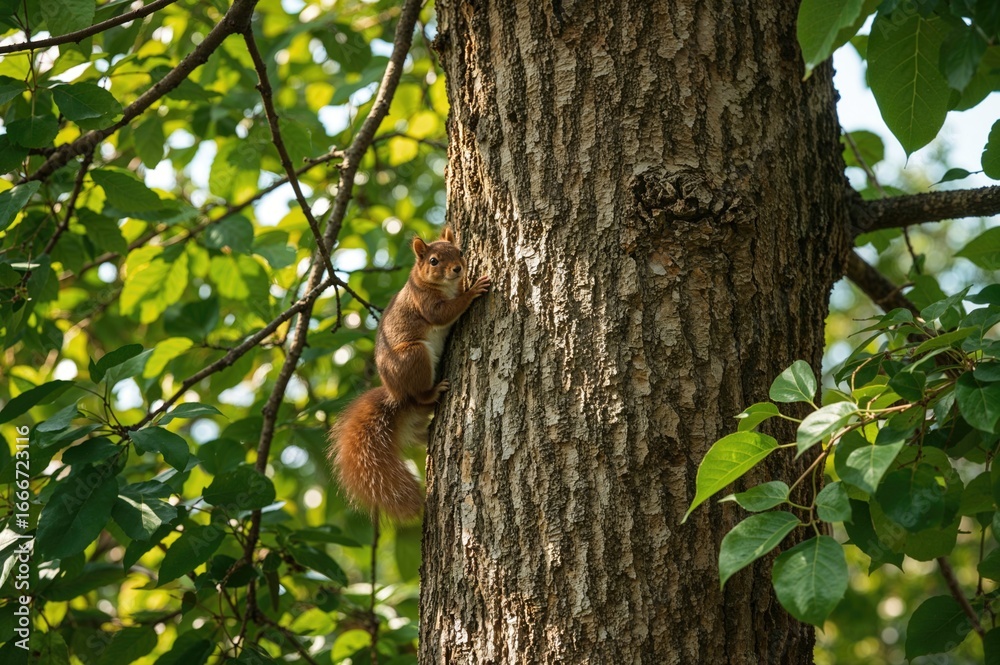 Obraz premium A small rodent gripping a tree trunk surrounded by foliage and natural textures