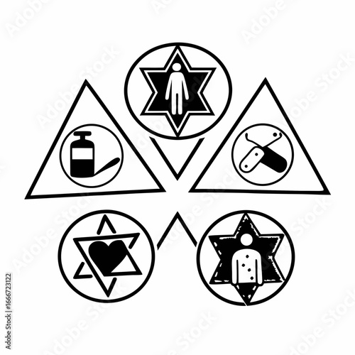 Illustration of medical symbols, including a star, bottle, and scalpel