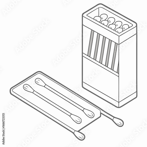Simple line art illustration of cotton swabs and a container with cotton buds