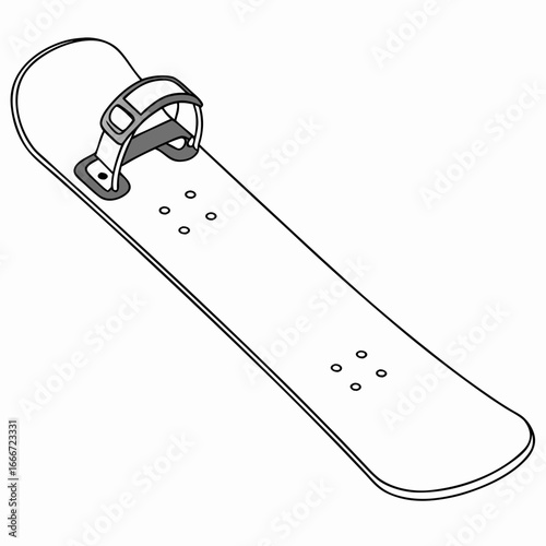 Simple line art illustration of a single snowboard with a binding strap and mounting holes