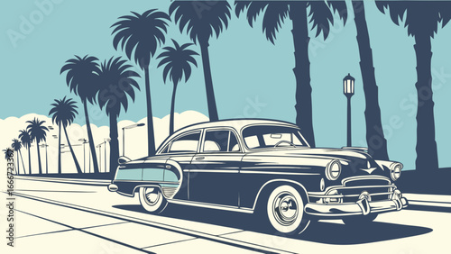 vintage car parked on a palm lined street