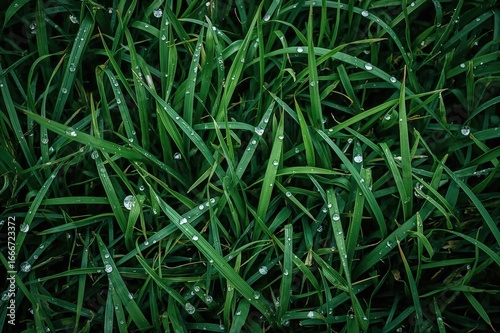 Dew-covered fresh green law...