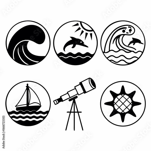 Illustration of nautical and astronomical elements including waves, dolphins, sailboats, and telescopes