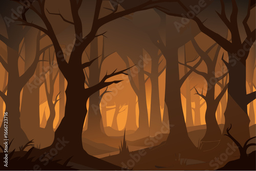 Mysterious dark forest with eerie orange hues