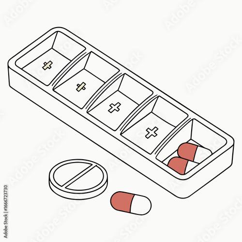 Simple line drawing of a pill organizer with compartments and medication including pills and capsules