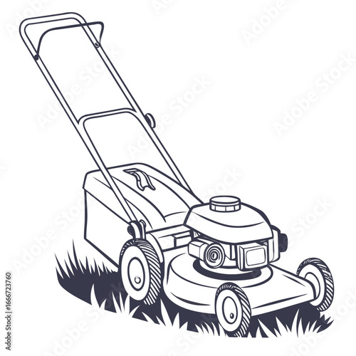 Simple line drawing of a push lawn mower on grass for yard work and gardening