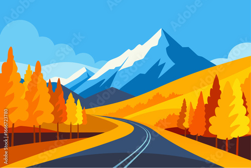 Scenic autumn road leading to snow capped mountains