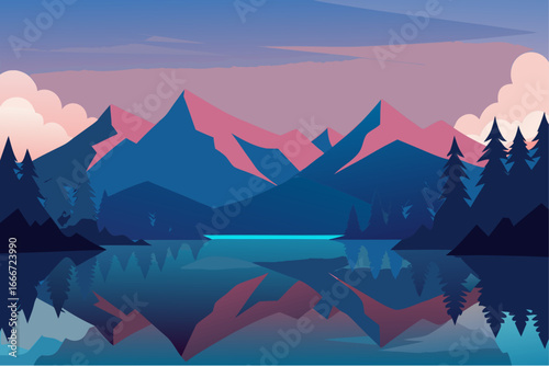 Serene mountain lake at dusk with pink and blue hues