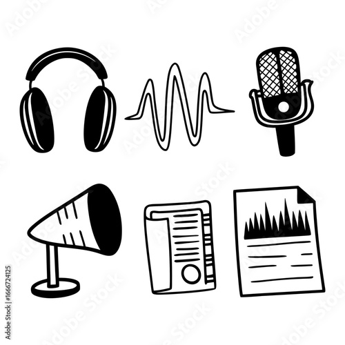 Illustration of podcasting equipment including microphone, headphones, loudspeaker