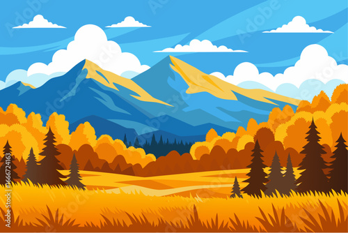 Vibrant autumn mountain landscape with golden foliage and blue sky