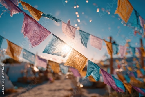 Colorful fabric prayer flags wave gently in the breeze, capturing the warm sunlight against a clear blue sky, creating a serene and uplifting atmosphere in nature.