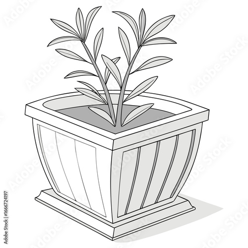 Stylized black and white illustration of a small plant growing in a decorative square planter with a saucer