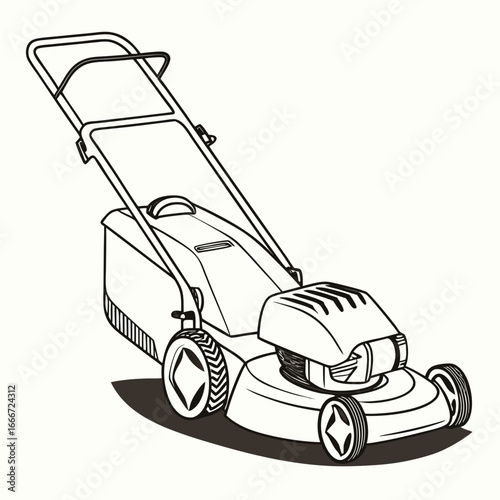 Stylized black and white line drawing of a modern push lawn mower with a grass catcher