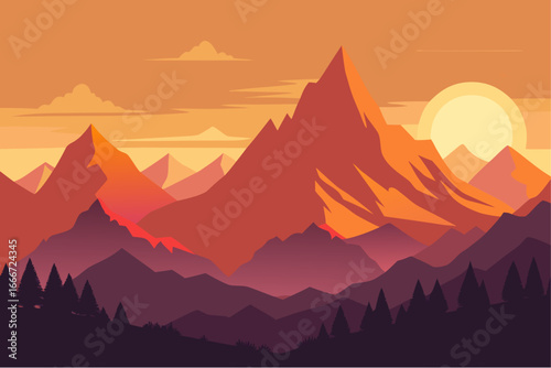 Vibrant sunset over jagged mountain peaks