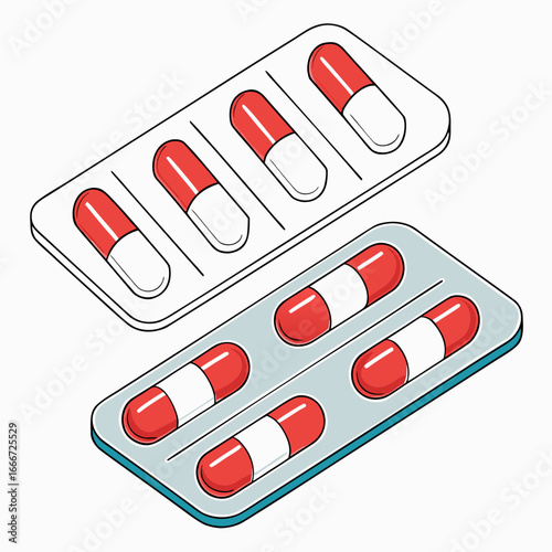 Two blister packs containing red and white capsules shown from an isometric perspective