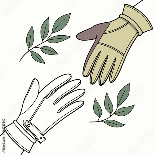 Two hands wearing gardening gloves reaching out towards each other with leafy branches in a stylized illustration
