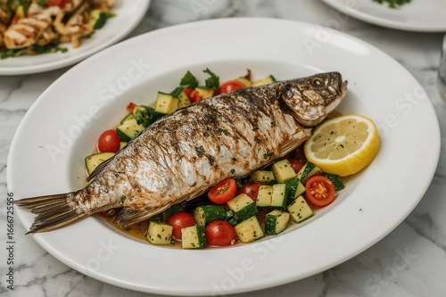 A white plate holds a servi...