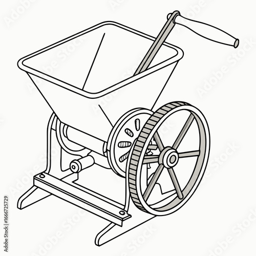 Vintage manual fruit crusher with large wheel and hopper for wine making or juicing