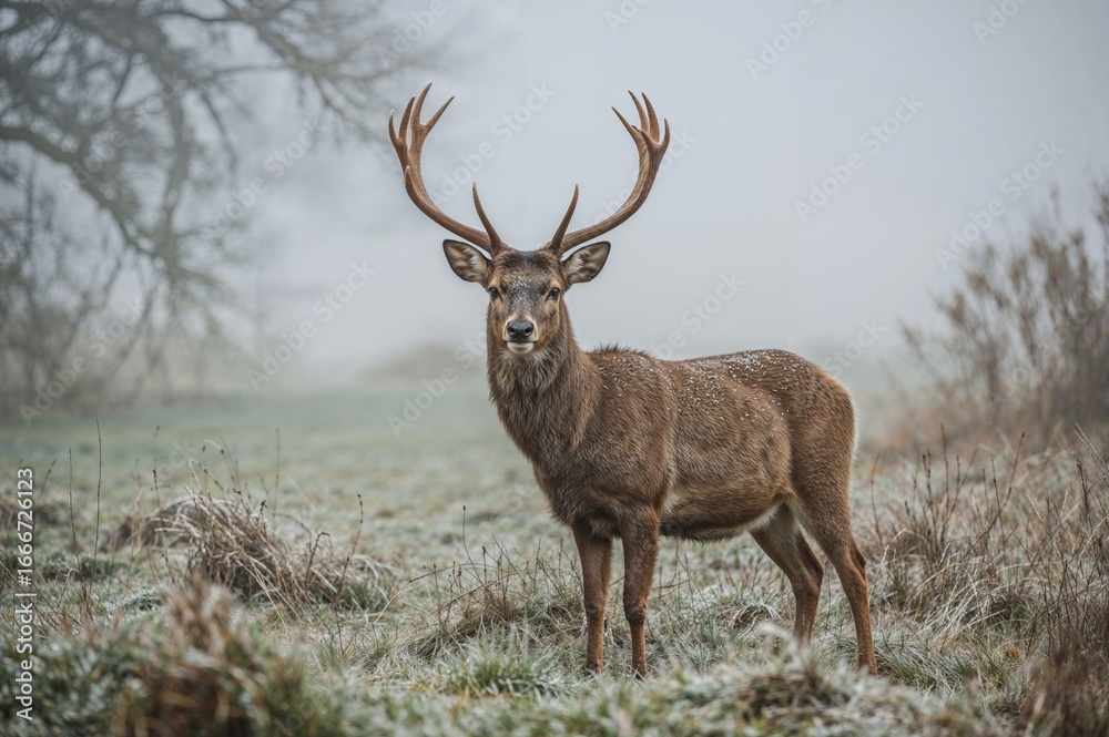 Obraz premium A solitary deer standing on frosty grass during a chilly winter dawn in a park