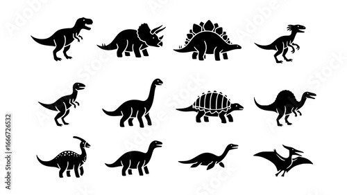 Silhouette illustration of various dinosaurs in black, perfect for educational and design purposes