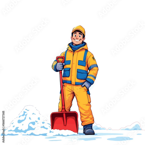 Vsai snow removal worker holding shovel after clearing snowdrift