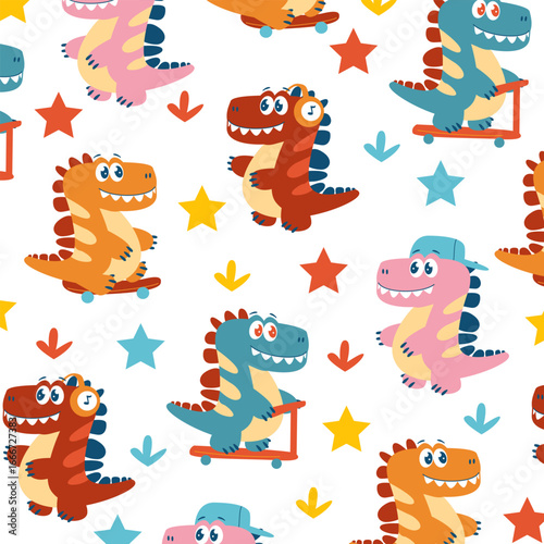 cute cartoon seamless pattern dinosaur t rex fullprint fabric design for kids apparel