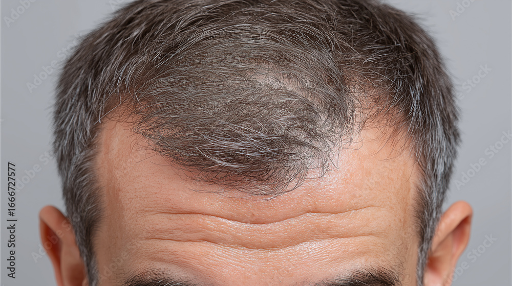 Obraz premium Close up of short gray hair with visible balding area on scalp, showing natural hair texture and skin wrinkles on forehead in soft lighting