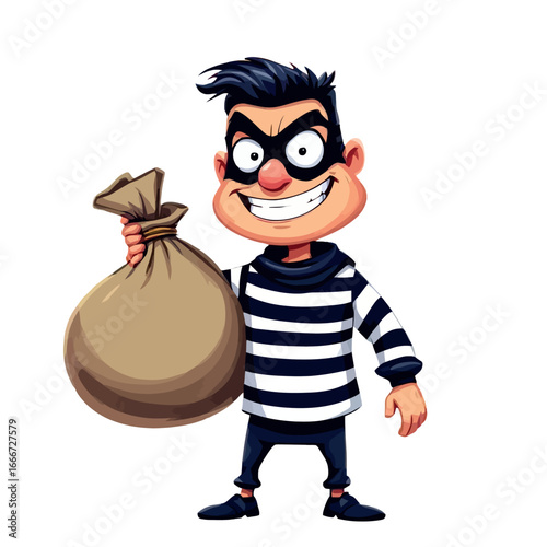 Vsai cartoon thief holding a big bag of money wearing a mask and smiling