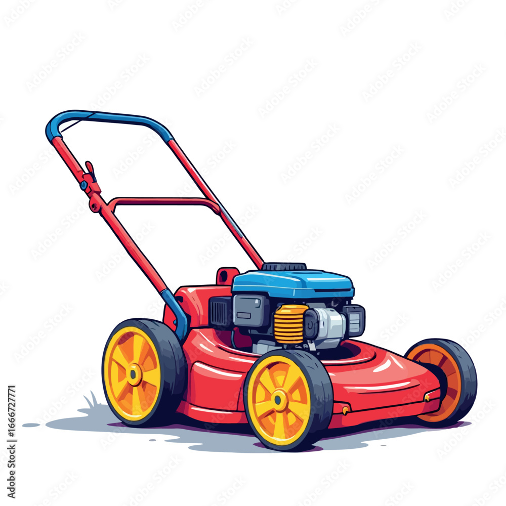 Fototapeta premium Vsai red lawn mower cutting grass in a garden on white background