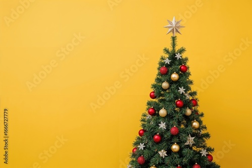 A decorated Christmas tree featuring red and gold ornaments and a star topper against a yellow backdrop