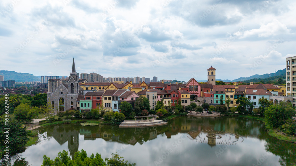 Fototapeta premium The European town by the lake