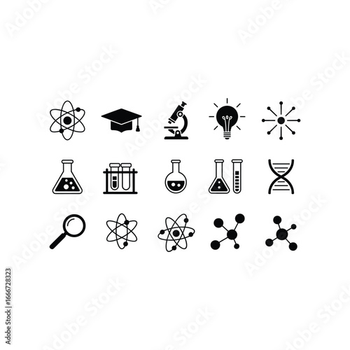 Collection of science and research icons atoms dna microscope flasks graduation cap lightbulb magnifying glass