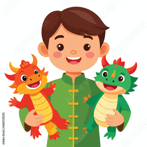 A smiling boy in green clothing holds two colorful cartoon dragons, one red and one green.