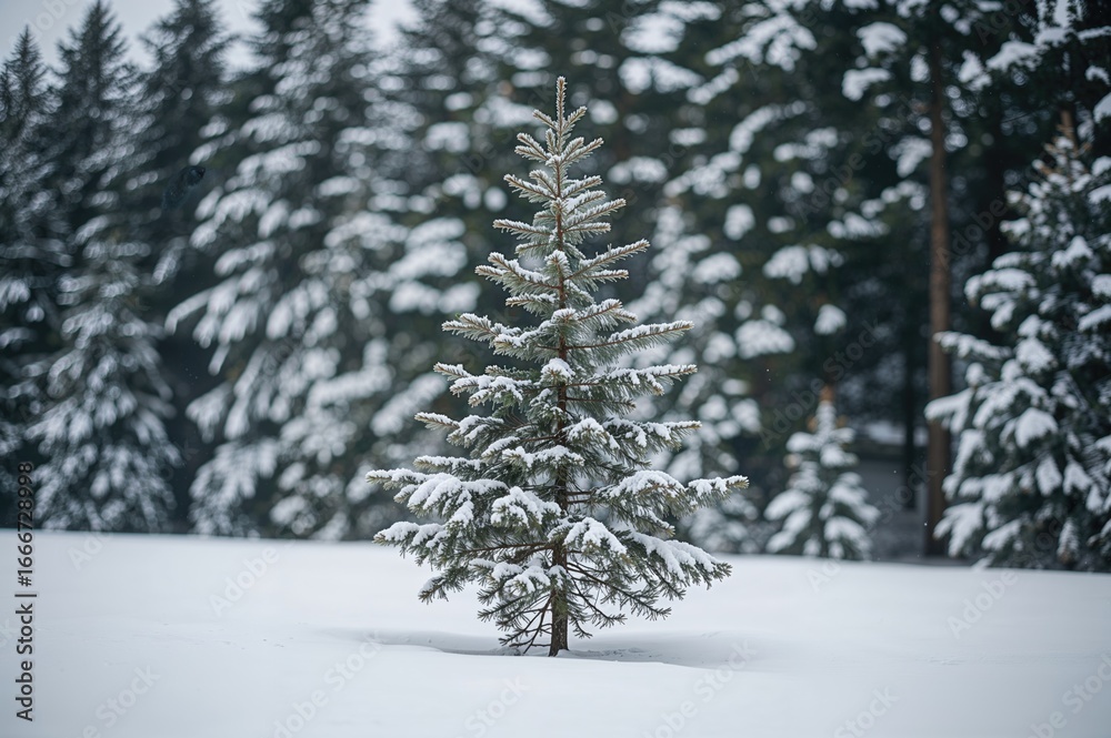 Obraz premium A tiny evergreen tree covered in snow. Pine tree cultivation and forestry. Cold season scenery with evergreen forest.
