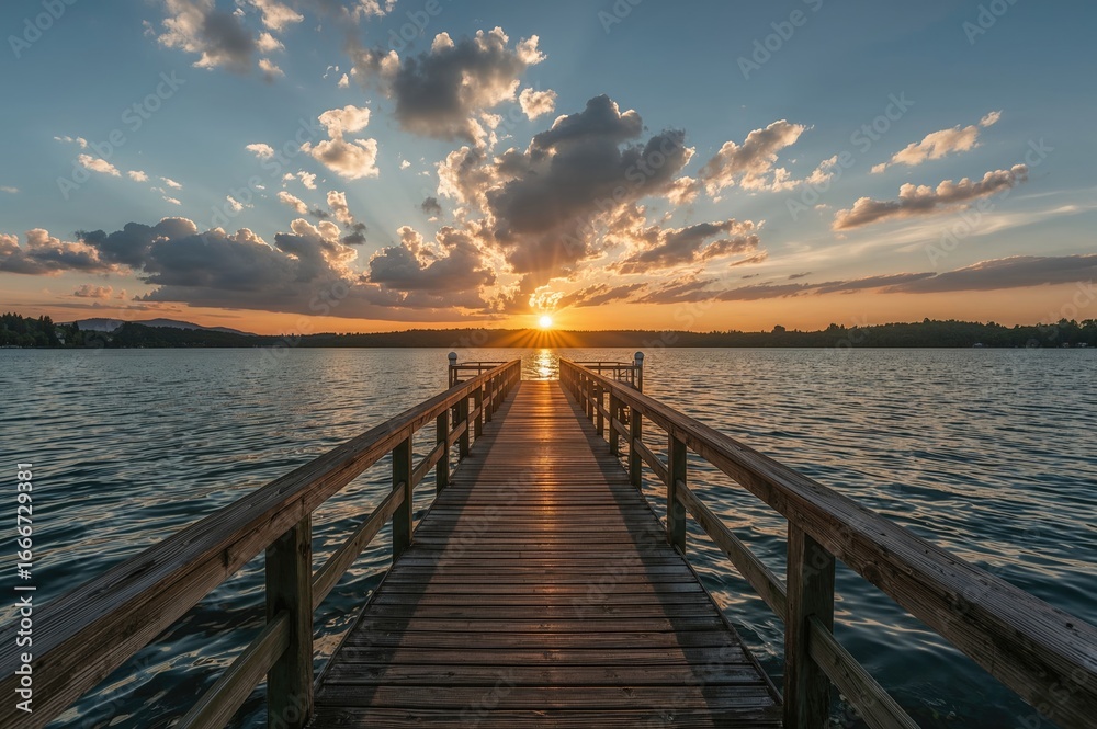 Fototapeta premium Stunning sunset reflected on a wooden pier at a serene lake