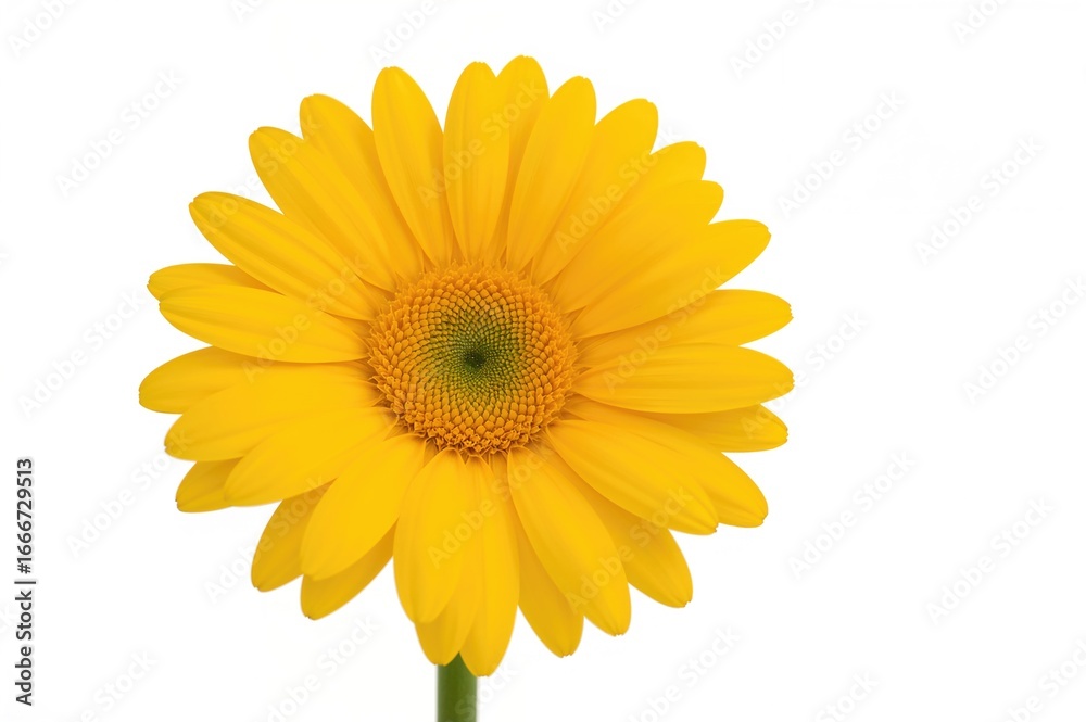 Fototapeta premium A detailed view of a bright yellow gerber daisy flower with vivid petals against a plain white backdrop