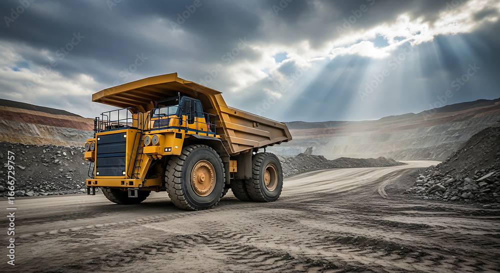 Obraz premium Massive mining dump truck on a dusty road with dramatic sky and sun rays shining down