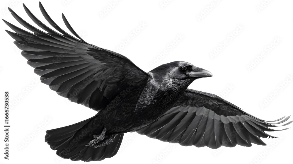 Obraz premium Majestic Raven Flying Silhouette on White Background for Graphic Design Projects