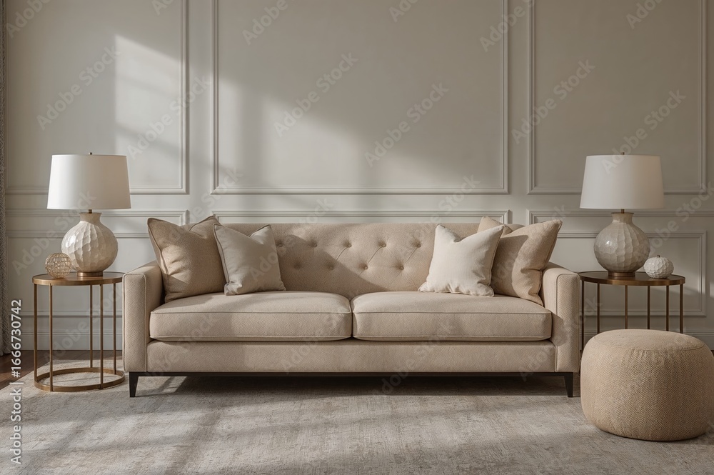 Obraz premium Cozy couch and side tables placed against the wall in a living space