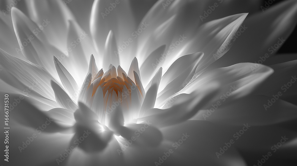 Fototapeta premium Luminous Bloom: The close-up shot showcases a radiant lotus blossom, revealing its intricate details in captivating shades of grey, with soft highlights accentuating the delicate petals.