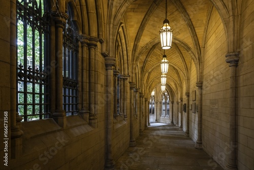 Illuminated neo-Gothic archway, St Mary Abbot Church, Kensington, London, England, Great Britain