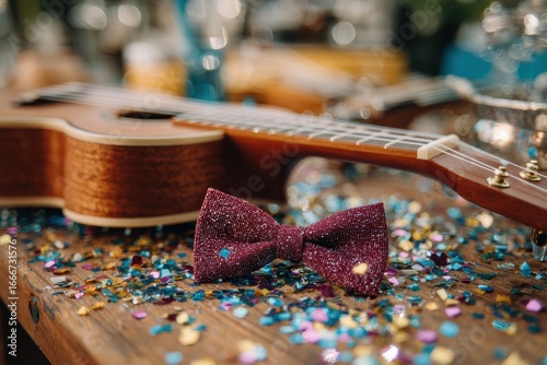 Festive Ukulele and Glittery Bow Tie Surrounded by Colorful Confetti on a Rustic Table, Perfect for Celebrations and Musical Gatherings