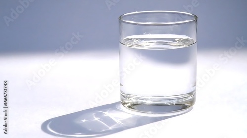 Bright clear water glass isolated with defined shadow, photographed with 135mm lens under diffused daylight