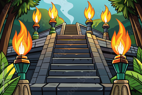 vector of Flaming torches guiding stone staircase up to jungle temple cartoon