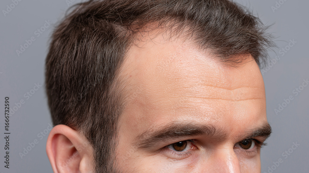 Obraz premium Macro photo of male scalp with receding hairline showing thinning hair and detailed skin texture, highlighting natural hair loss and scalp condition in close up view