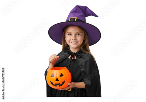 Wallpaper Mural Adorable little girl dressed as a witch holding a spooky pumpkin trick-or-treat bucket for halloween fun transparent background Torontodigital.ca