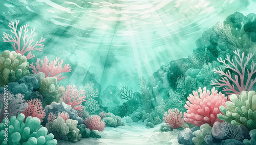 Fototapeta Naklejka Na Ścianę i Meble -  Lively seafoam green watercolor illustration of a coral reef with an ethereal fading - watercolor Fading background