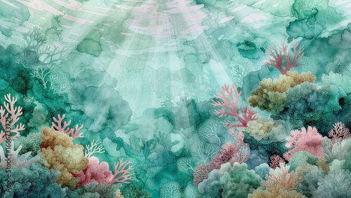 Fototapeta Naklejka Na Ścianę i Meble -  Energetic seafoam green art featuring a dynamic coral reef with subtle fade - watercolor Fading background