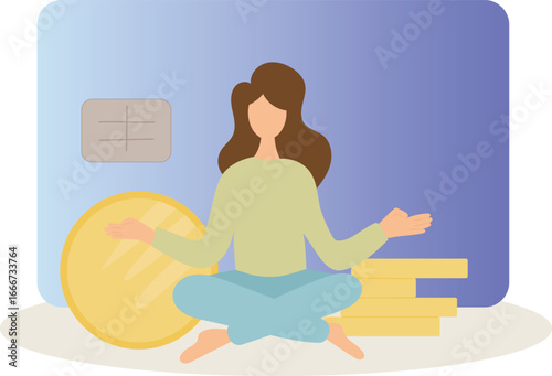 Girl meditates on the background of a credit card with coins and a piggy bank. The concept of savings and accumulation of money. Good for presentations and business-related articles.